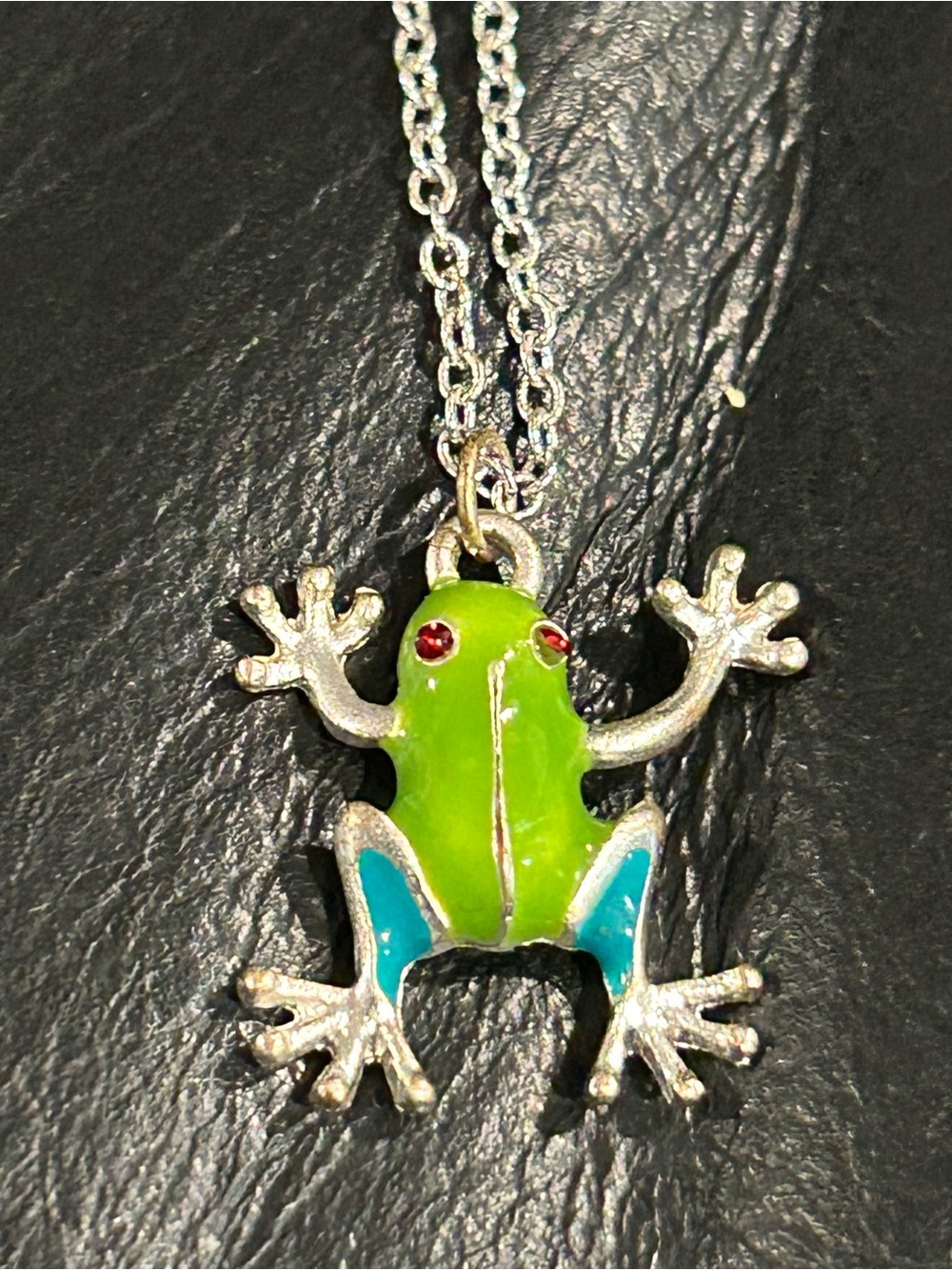 Silver tone necklace Cute Green & Teal Frog charm